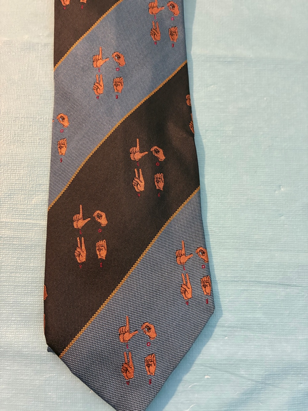 MOSCHINO SILK Blue and Black/Navy Tie with Orange Sign Language Motif Italy